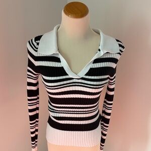 SHEIN Black and White Striped V-Neck Polo Sweater